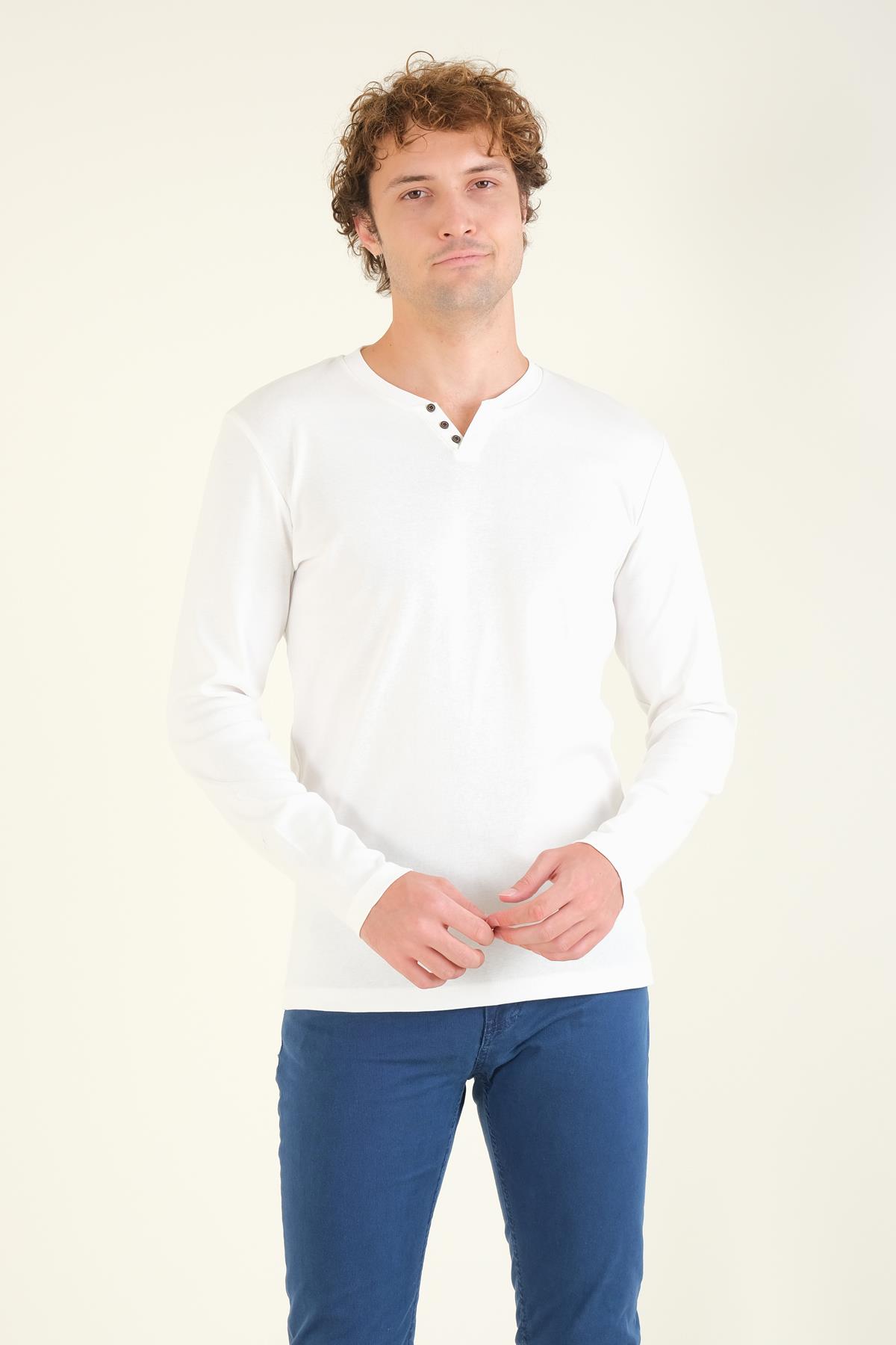 Erkek Sıfır Yaka Düğmeli Uzun Kol Sweatshirt Ekru