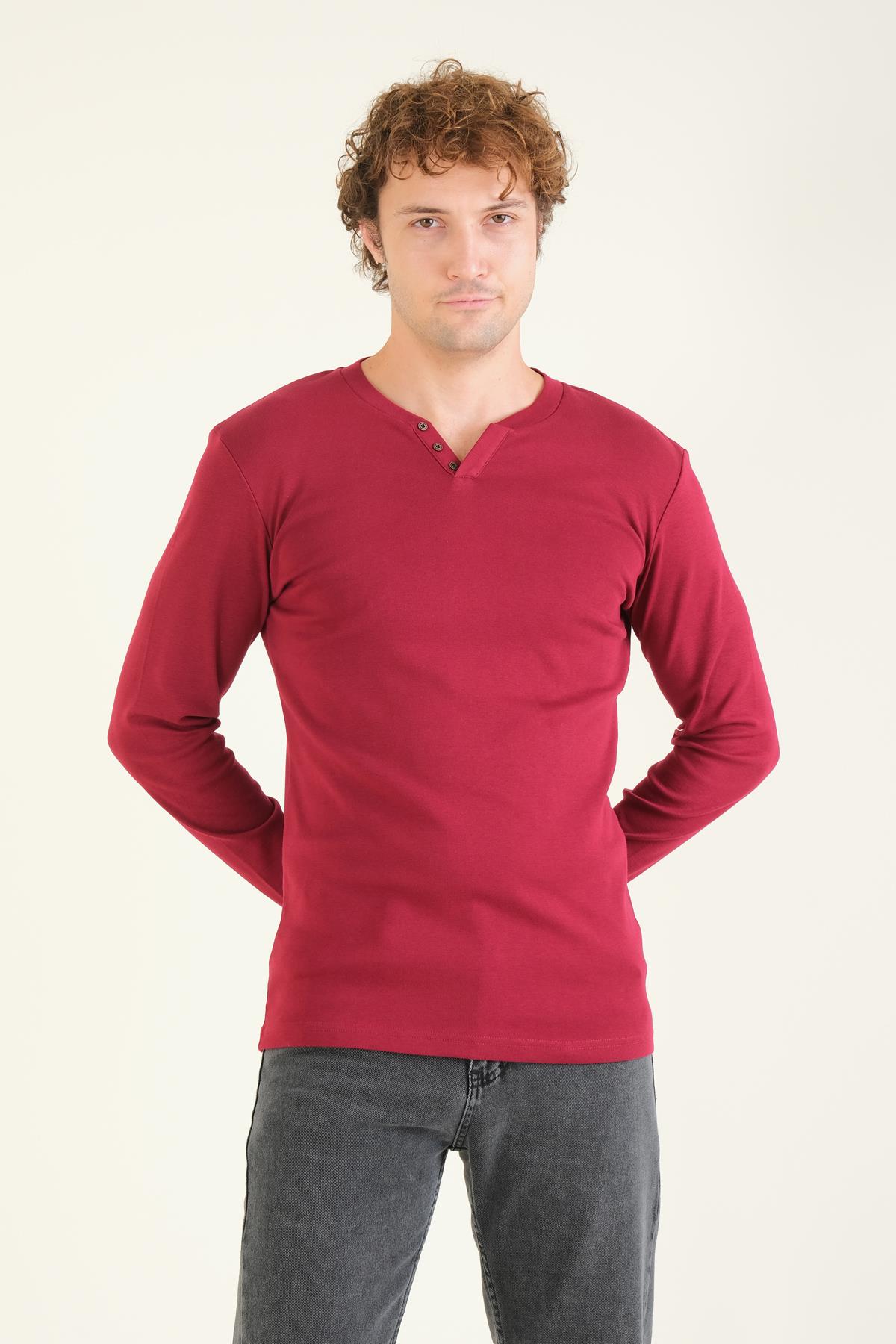 Erkek Sıfır Yaka Düğmeli Uzun Kol Sweatshirt Bordo