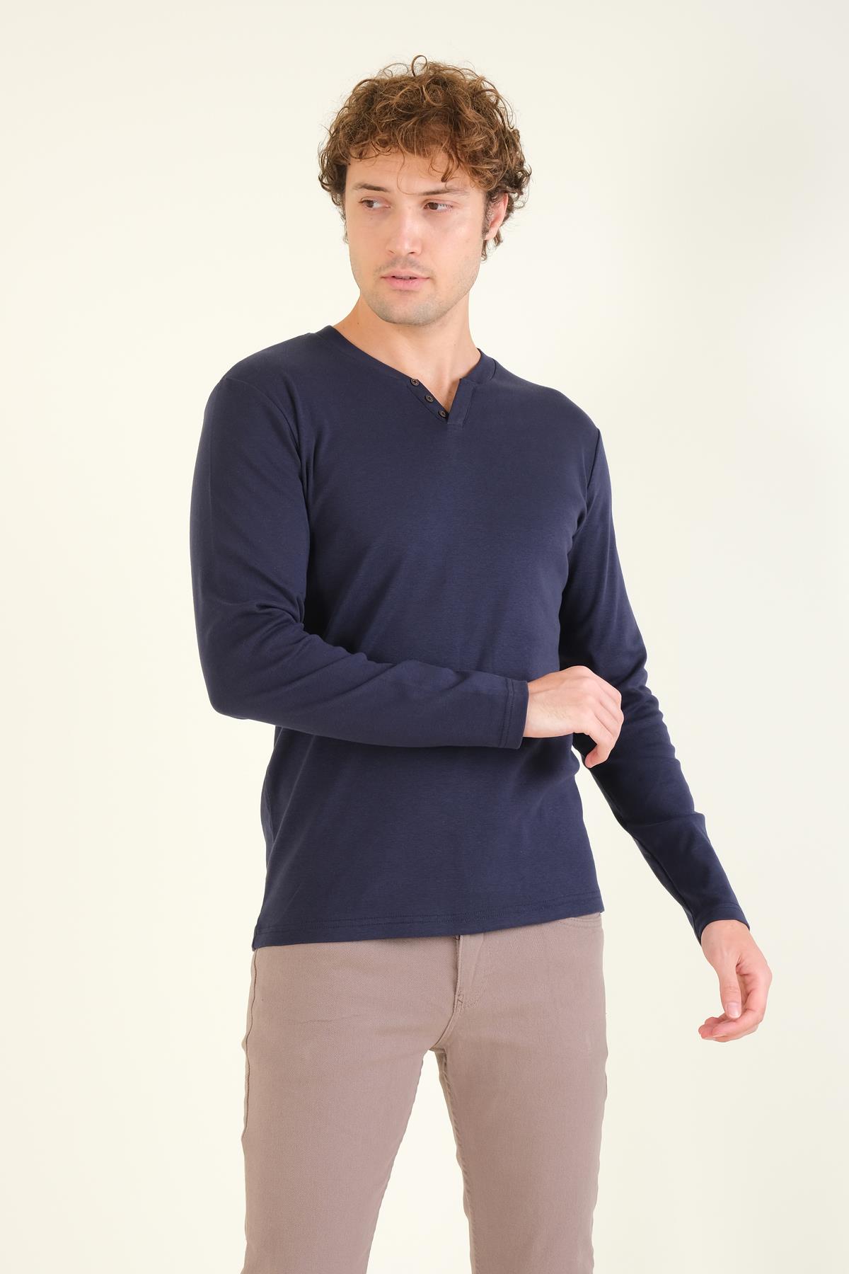 Erkek Sıfır Yaka Düğmeli Uzun Kol Sweatshirt Lacivert