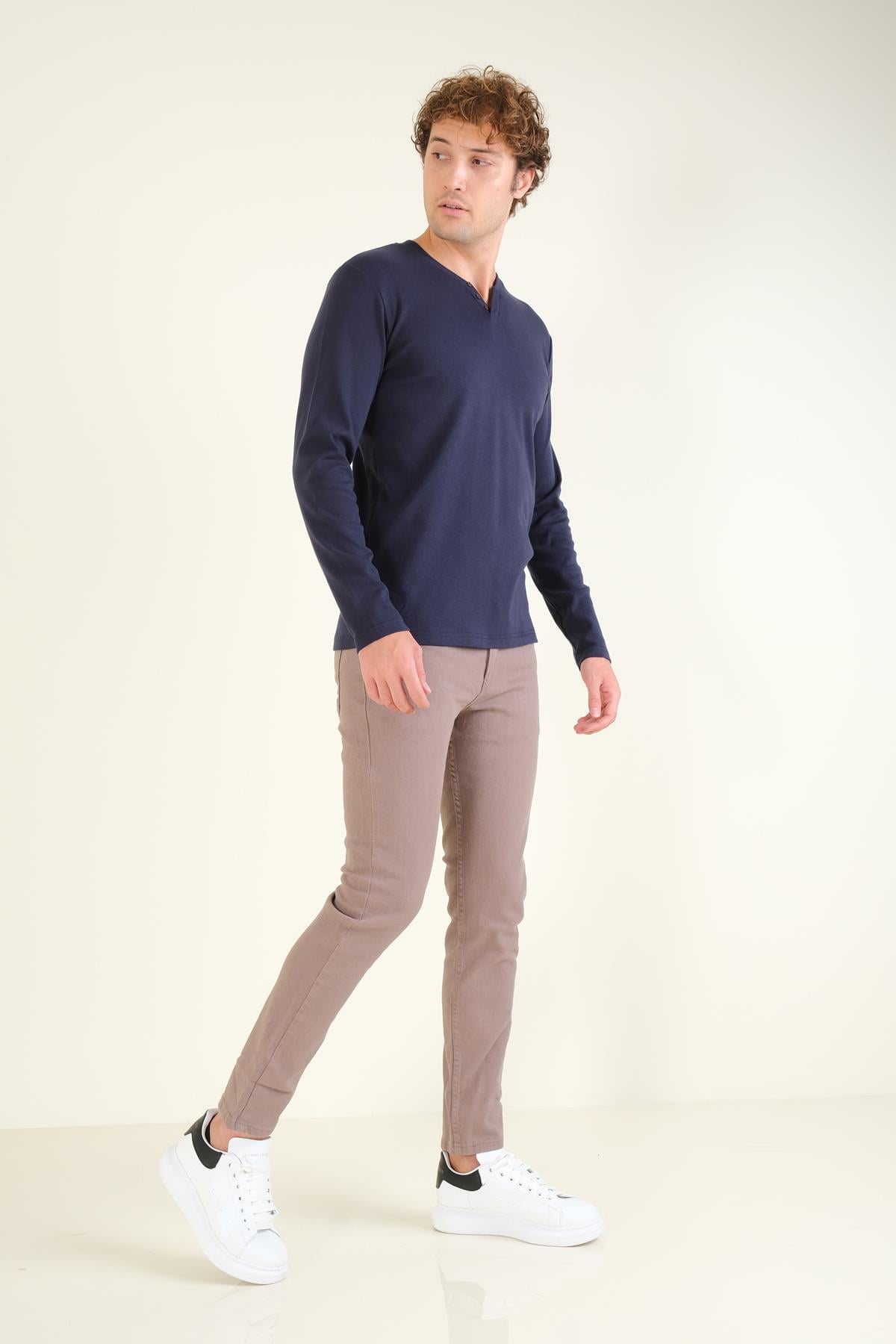 Erkek Sıfır Yaka Düğmeli Uzun Kol Sweatshirt Lacivert