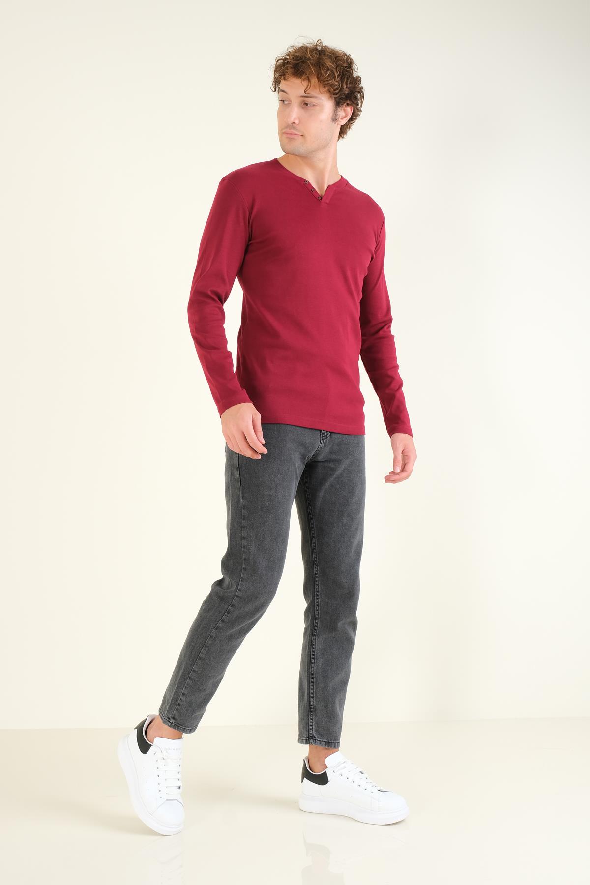Erkek Sıfır Yaka Düğmeli Uzun Kol Sweatshirt Bordo