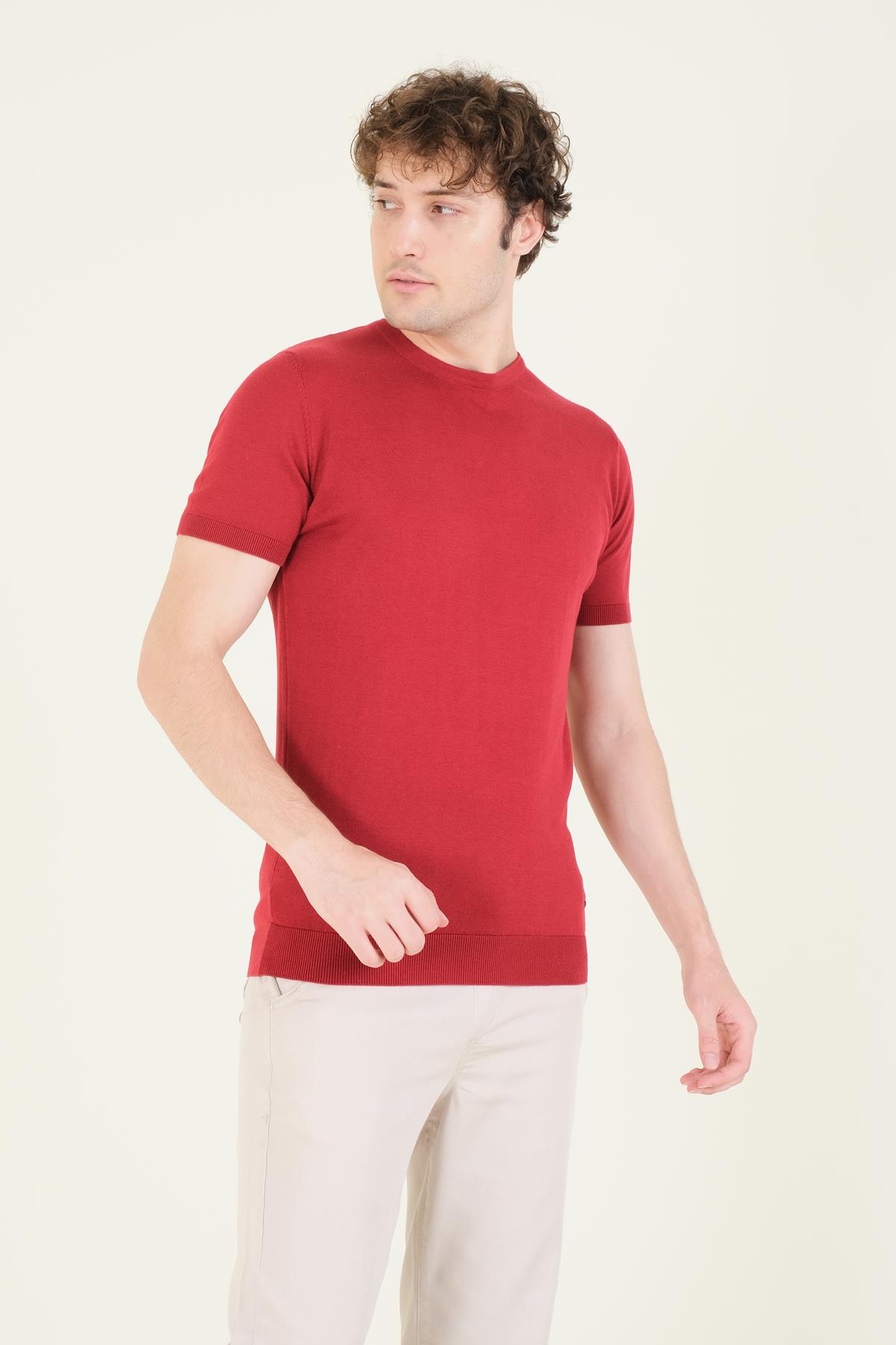Erkek  Sıfır Yaka Merserize T-Shirt Bordo