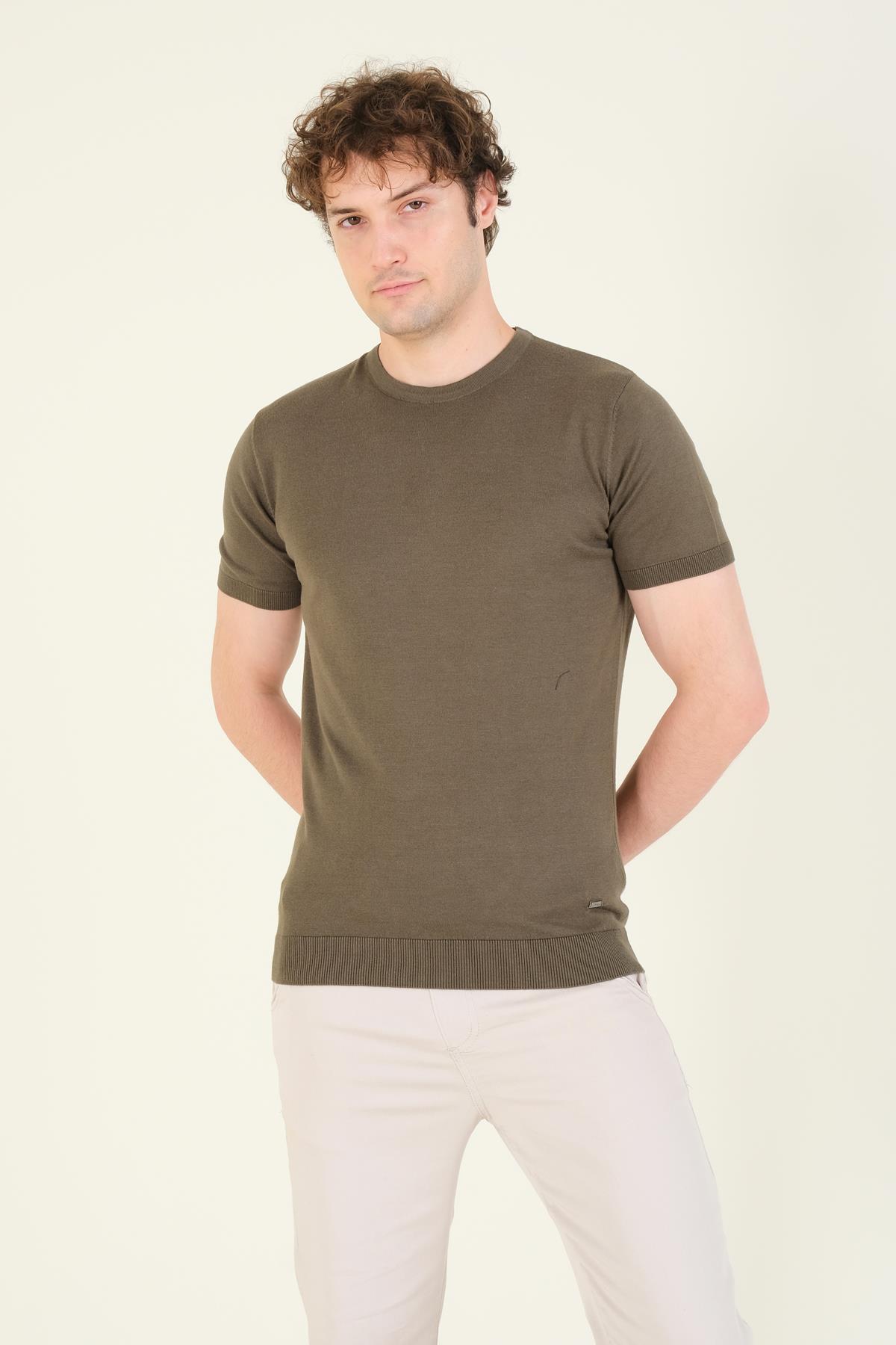 Erkek  Sıfır Yaka Merserize T-Shirt Haki