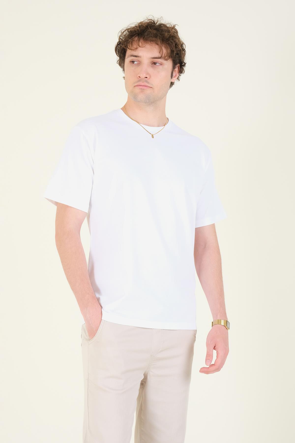 Erkek Sıfır Yaka Oversize  T-Shirt Ekru