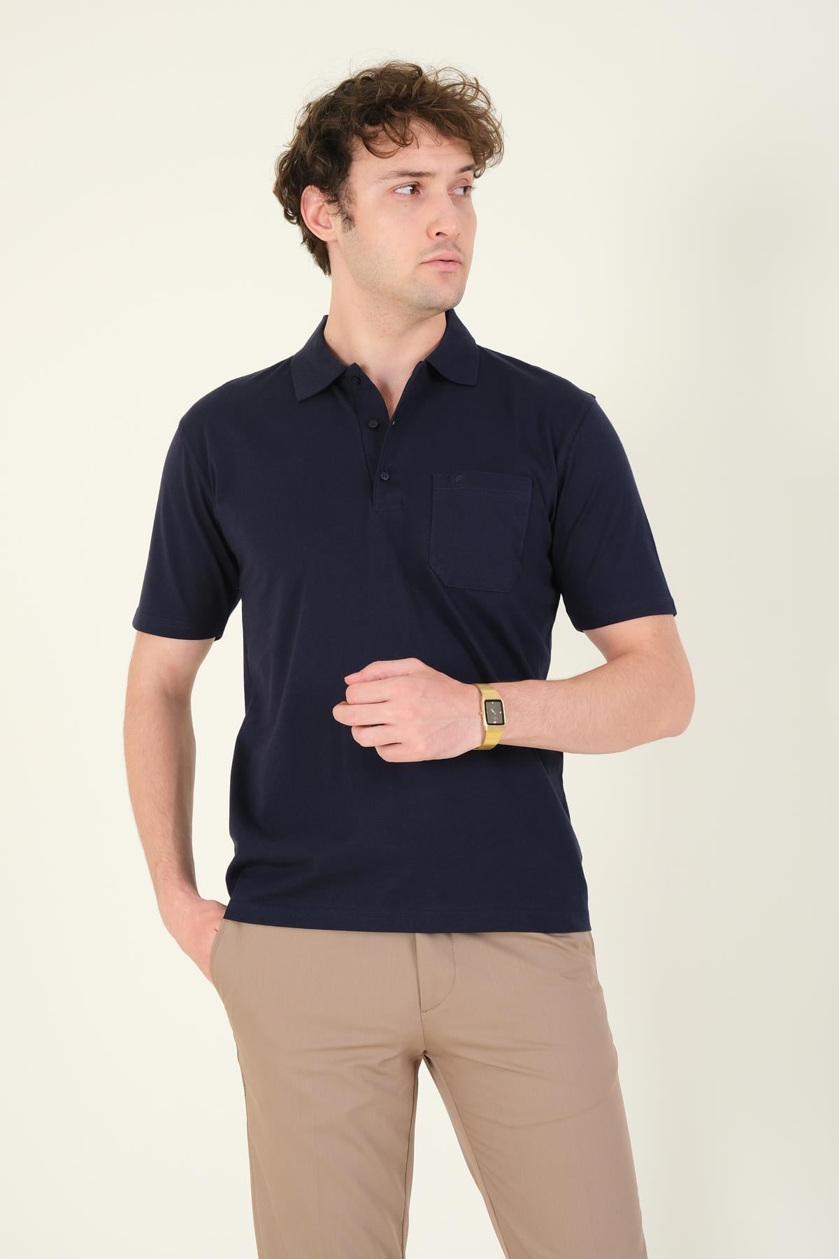 Erkek Süprem Kumaş Cepli Polo Yaka T-Shirt Lacivert