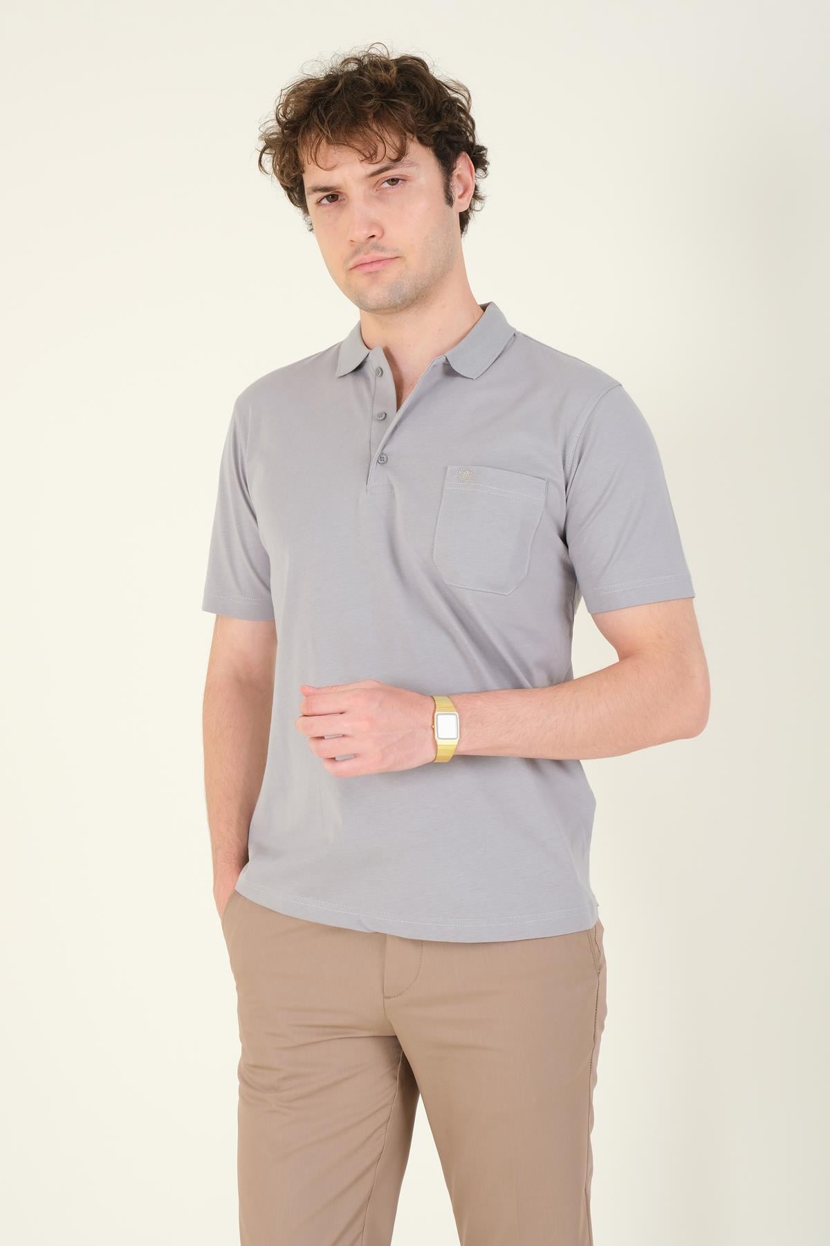 Erkek Süprem Kumaş Cepli Polo Yaka T-Shirt Gri