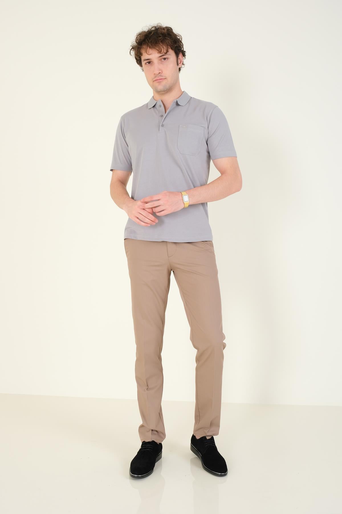 Erkek Süprem Kumaş Cepli Polo Yaka T-Shirt Gri