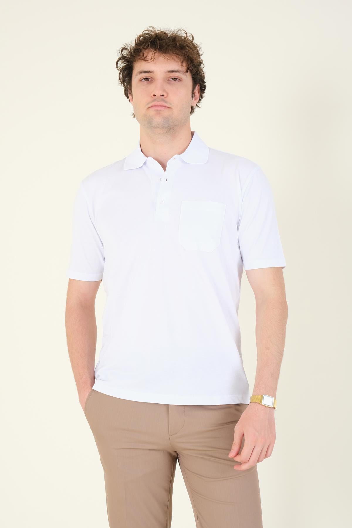 Erkek Süprem Kumaş Cepli Polo Yaka T-Shirt Beyaz