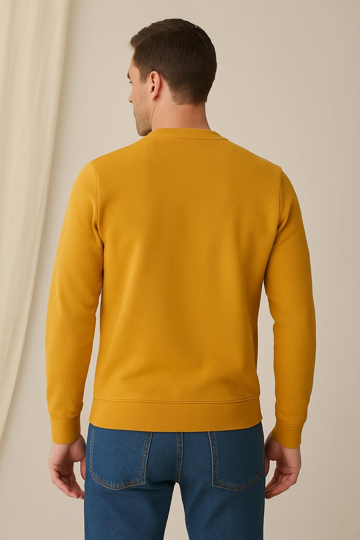 Erkek Üç İp Şardonsuz Sweatshirt Hardal