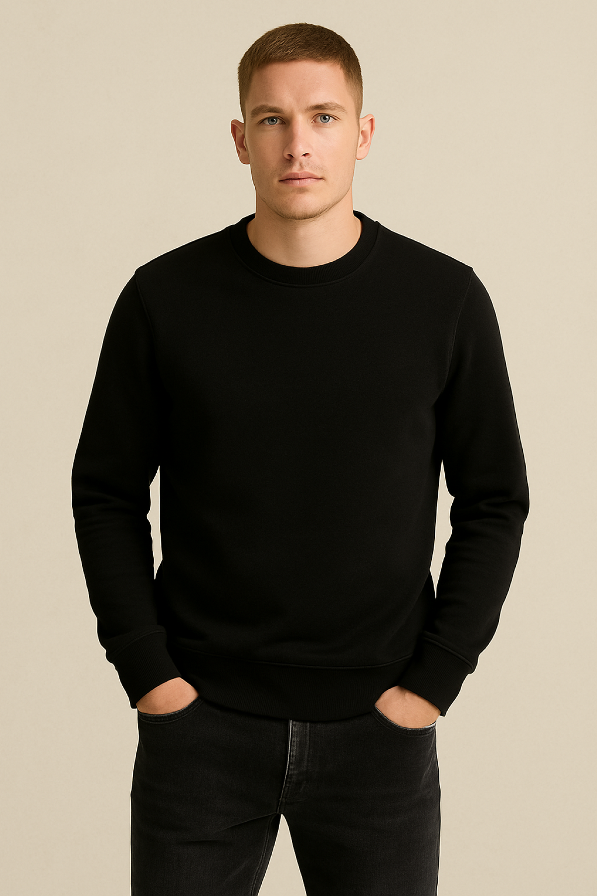 Erkek Üç İp Şardonsuz Sweatshirt Siyah