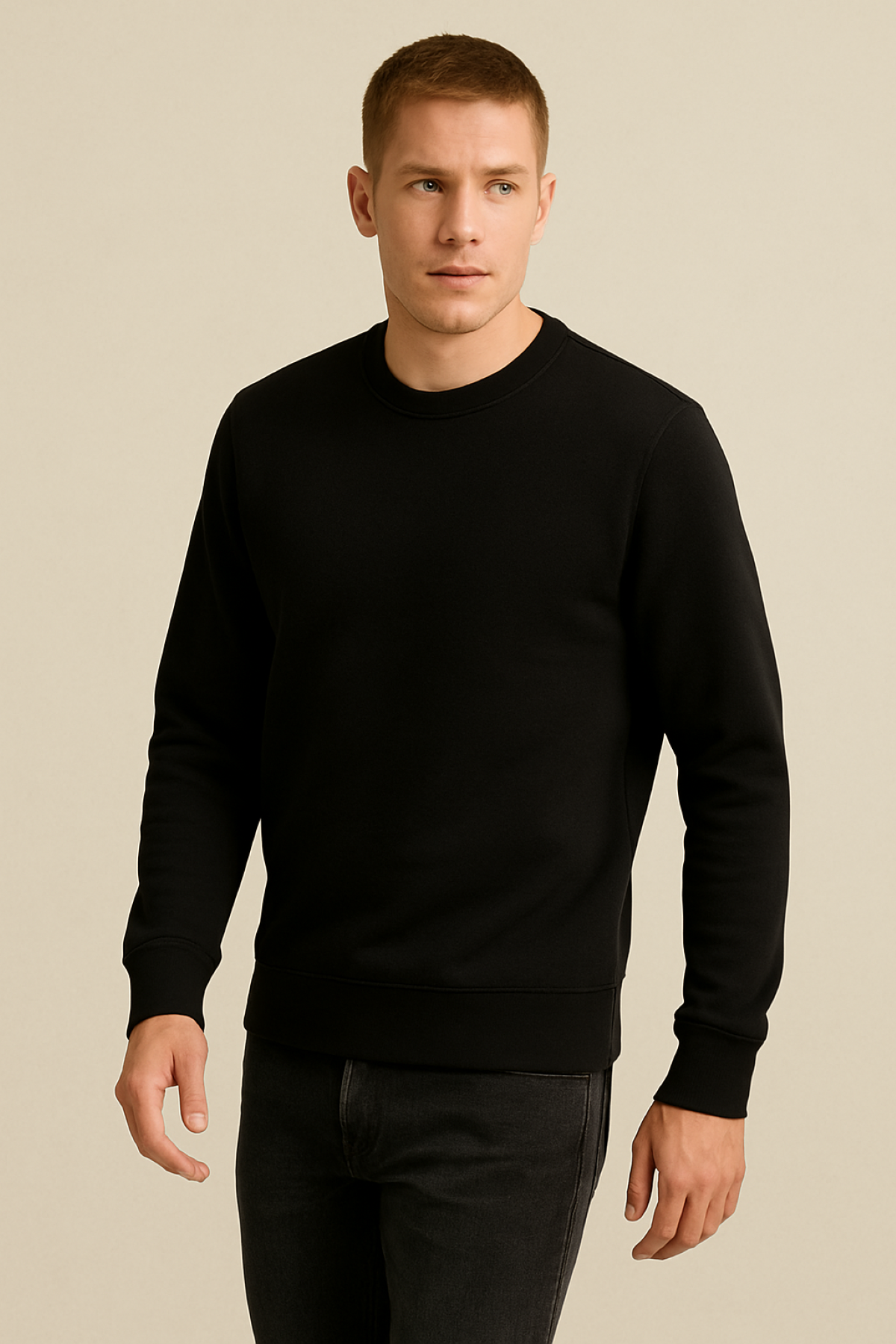 Erkek Üç İp Şardonsuz Sweatshirt Siyah