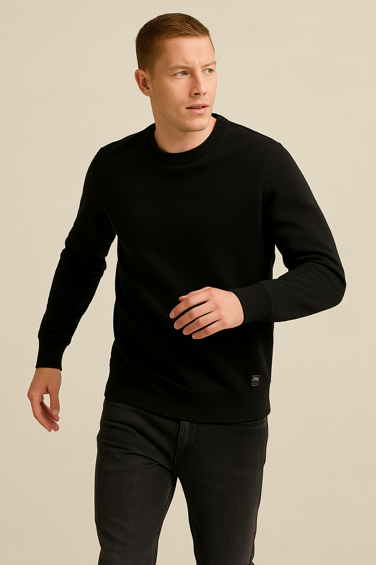 Erkek Üç İp Şardonsuz Sweatshirt Siyah