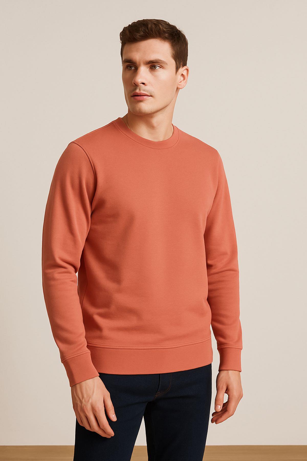 Erkek Üç İp Şardonsuz Sweatshirt Somon