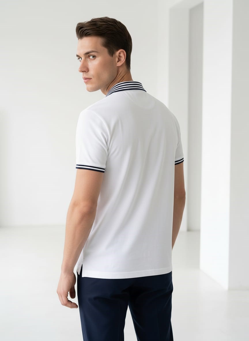 Erkek Yaka Çizgili Polo Yaka Kısa Kol Tshirt Beyaz
