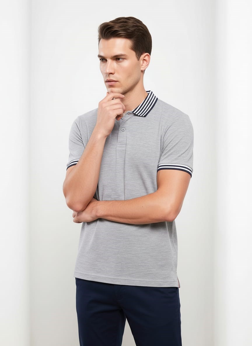 Erkek Yaka Çizgili Polo Yaka Kısa Kol Tshirt Gri