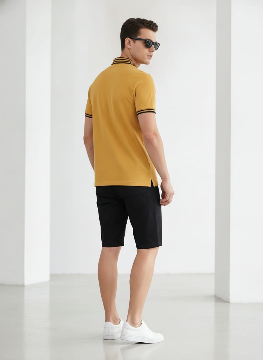 Erkek Yaka Çizgili Polo Yaka Kısa Kol Tshirt Hardal