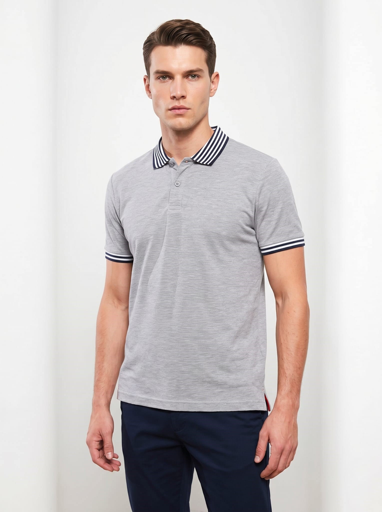 Erkek Yaka Çizgili Polo Yaka Kısa Kol Tshirt Gri