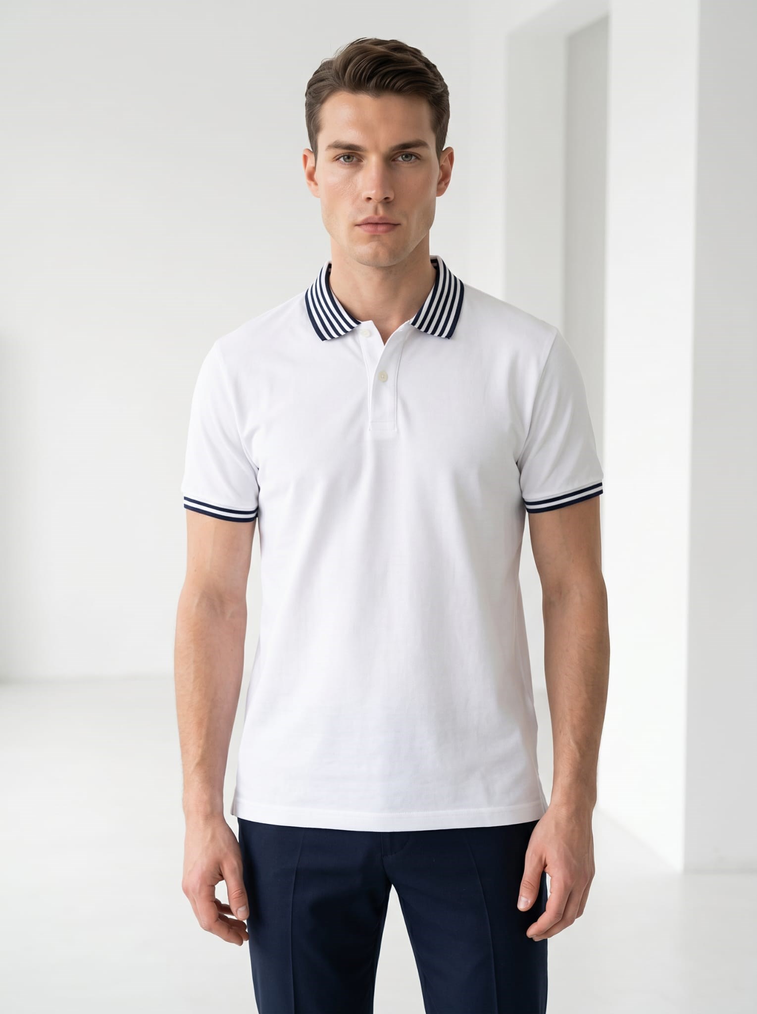 Erkek Yaka Çizgili Polo Yaka Kısa Kol Tshirt Beyaz