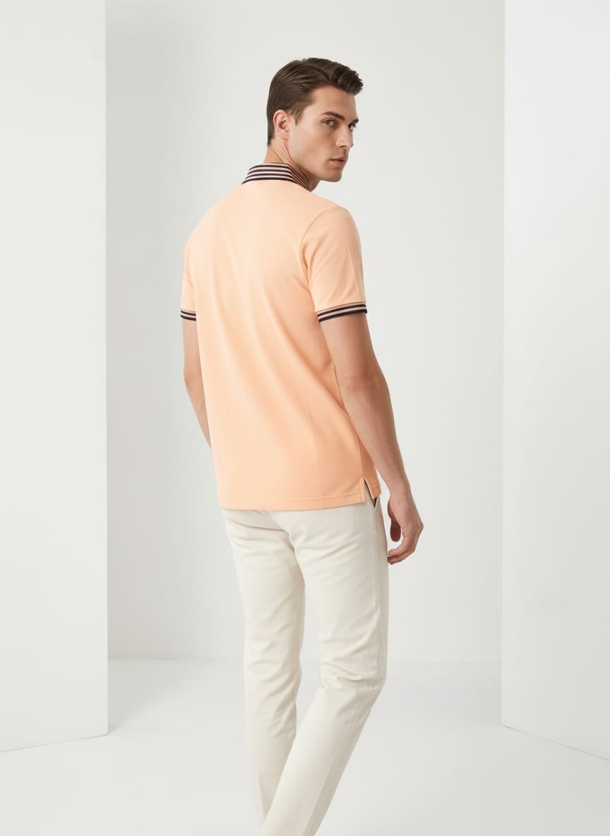 Erkek Yaka Çizgili Polo Yaka Kısa Kol Tshirt Somon