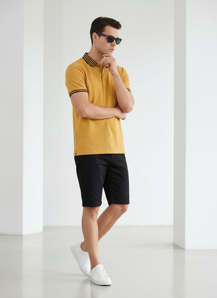 Erkek Yaka Çizgili Polo Yaka Kısa Kol Tshirt Hardal