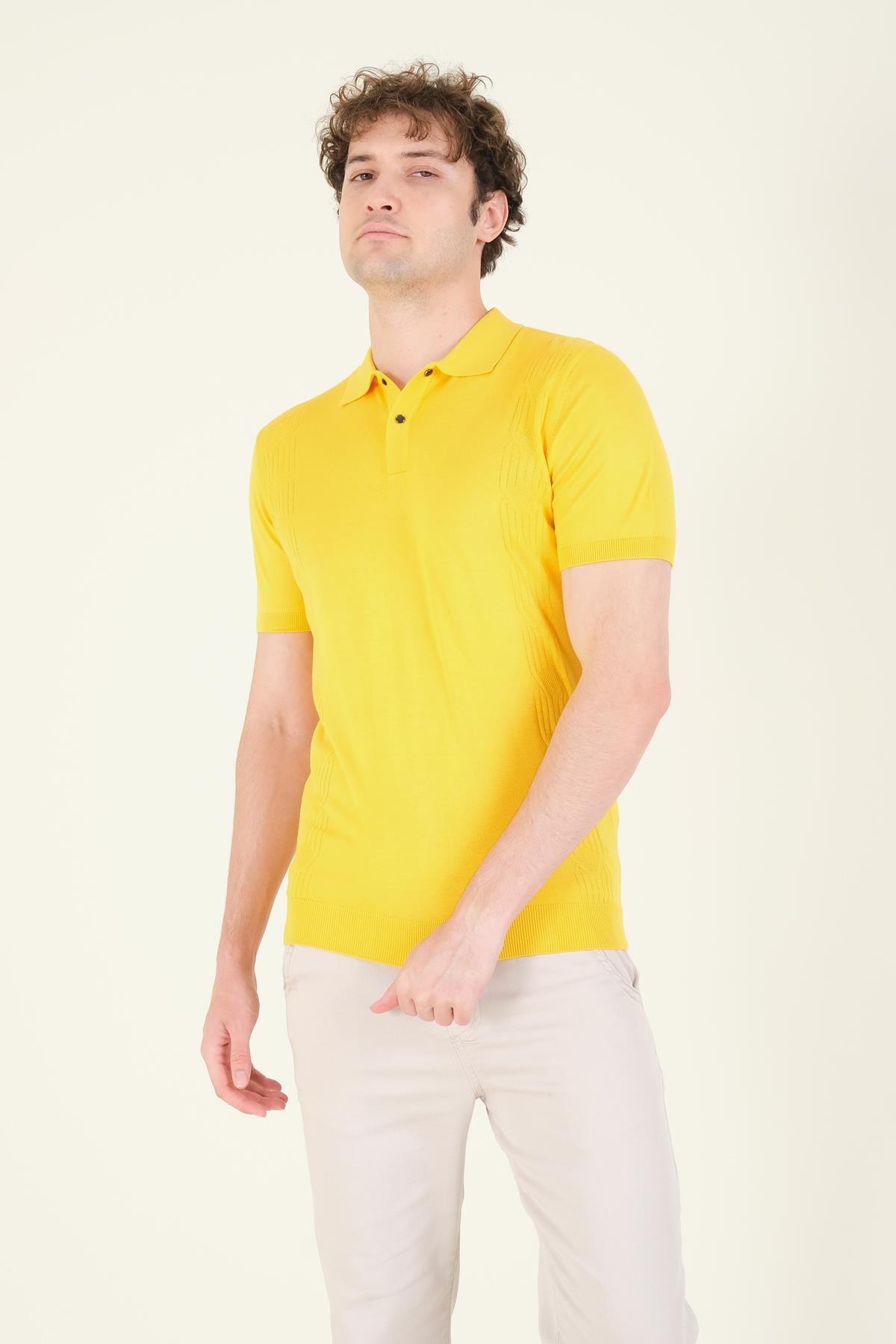 Erkek Yanları Desenli  Polo Yaka  Merserize T-Shirt Sarı 