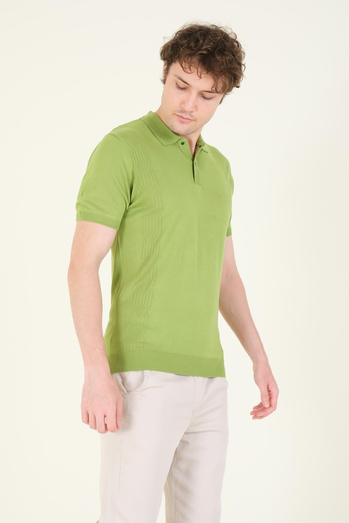 Erkek Yanları Desenli  Polo Yaka  Merserize T-Shirt Yeşil
