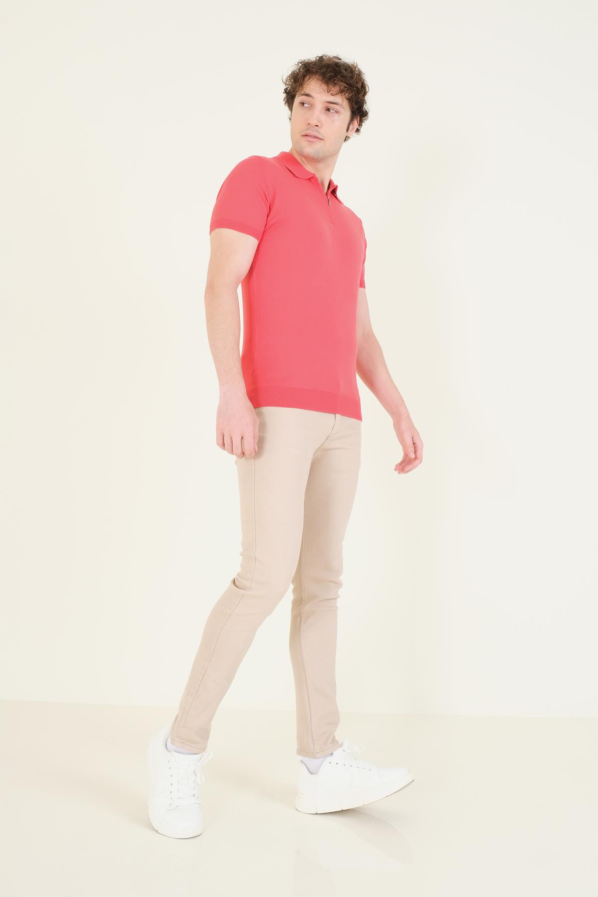 Erkek Yarım Fermuarlı Polo Yaka Merserize T-Shirt Mercan