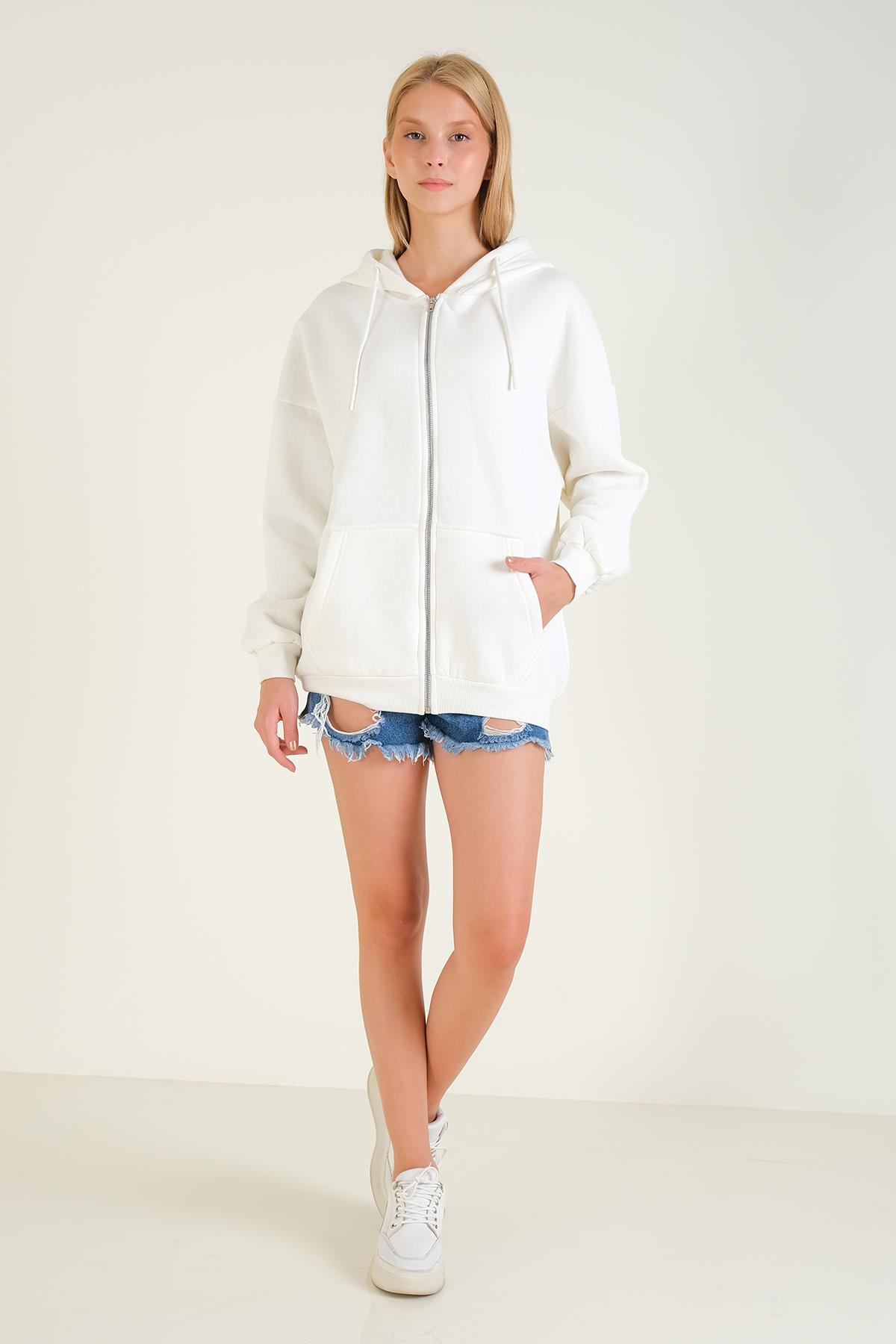 Kadın 3 İp Şardonlu Kapüşonlu Fermuarlı Oversize Sweatshirt Ekru