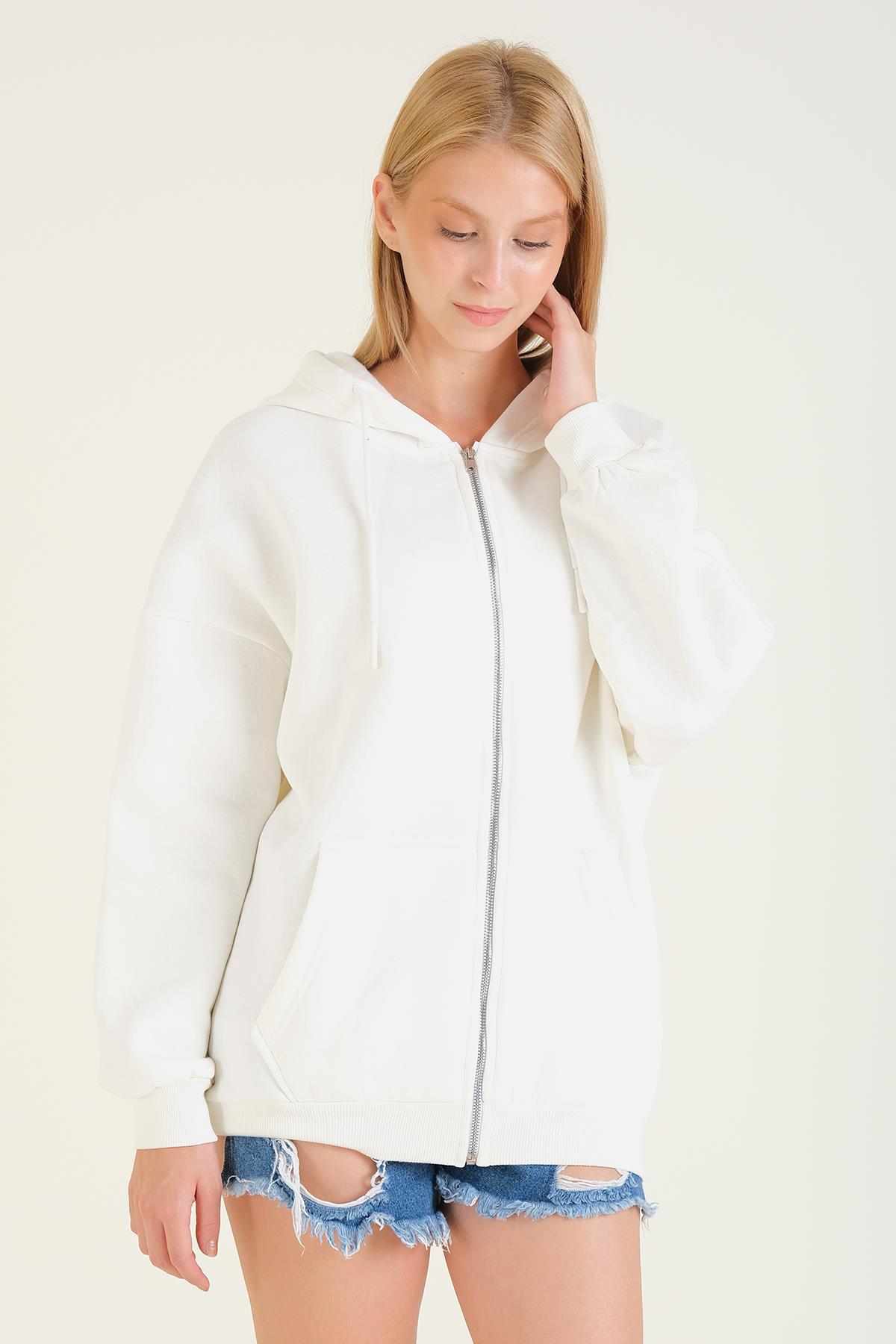 Kadın 3 İp Şardonlu Kapüşonlu Fermuarlı Oversize Sweatshirt Ekru