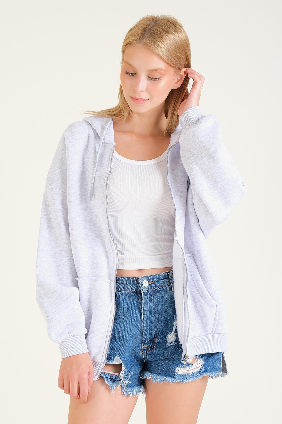 Kadın 3 İp Şardonlu Kapüşonlu Fermuarlı Oversize Sweatshirt Gri