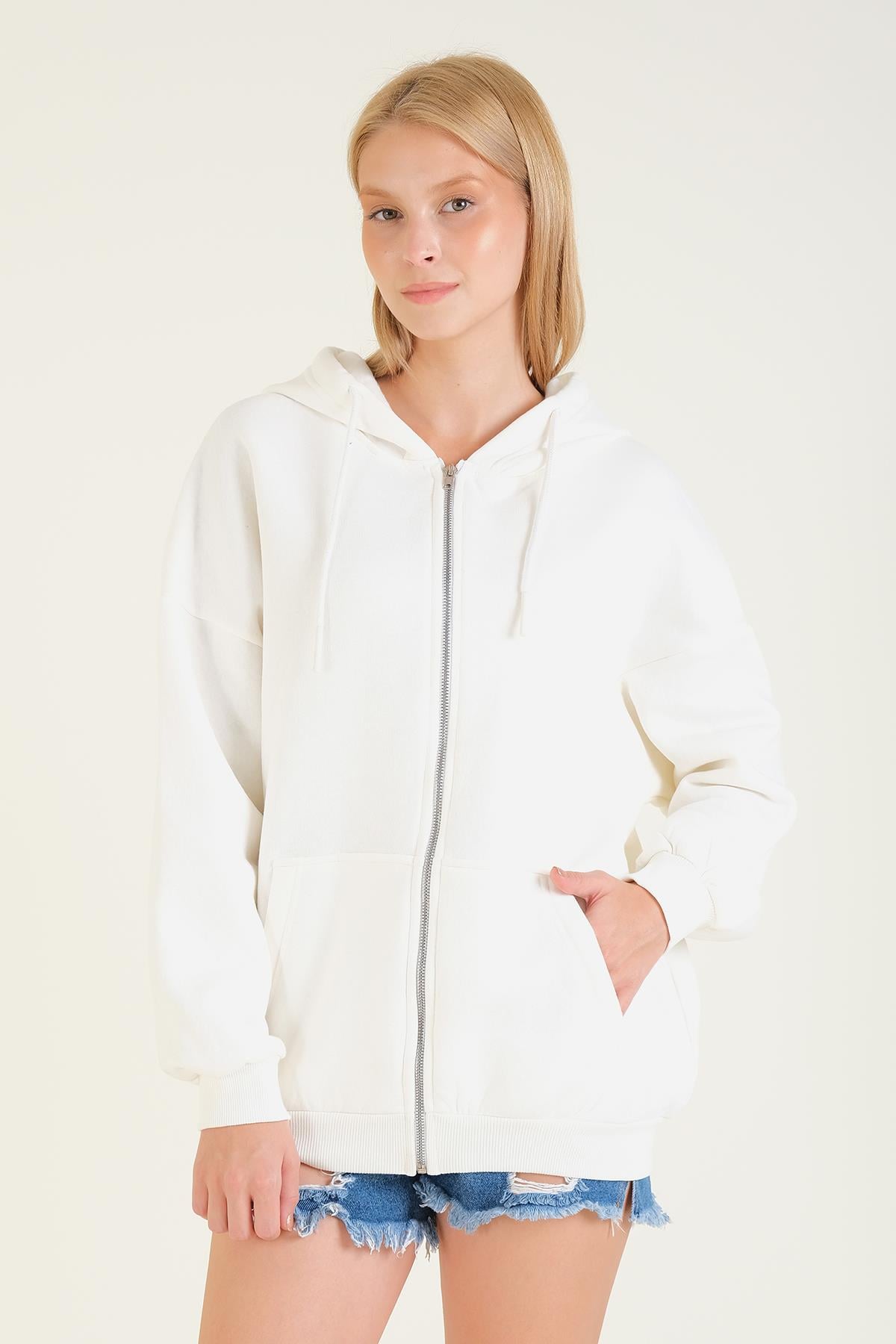 Kadın 3 İp Şardonlu Kapüşonlu Fermuarlı Oversize Sweatshirt Ekru