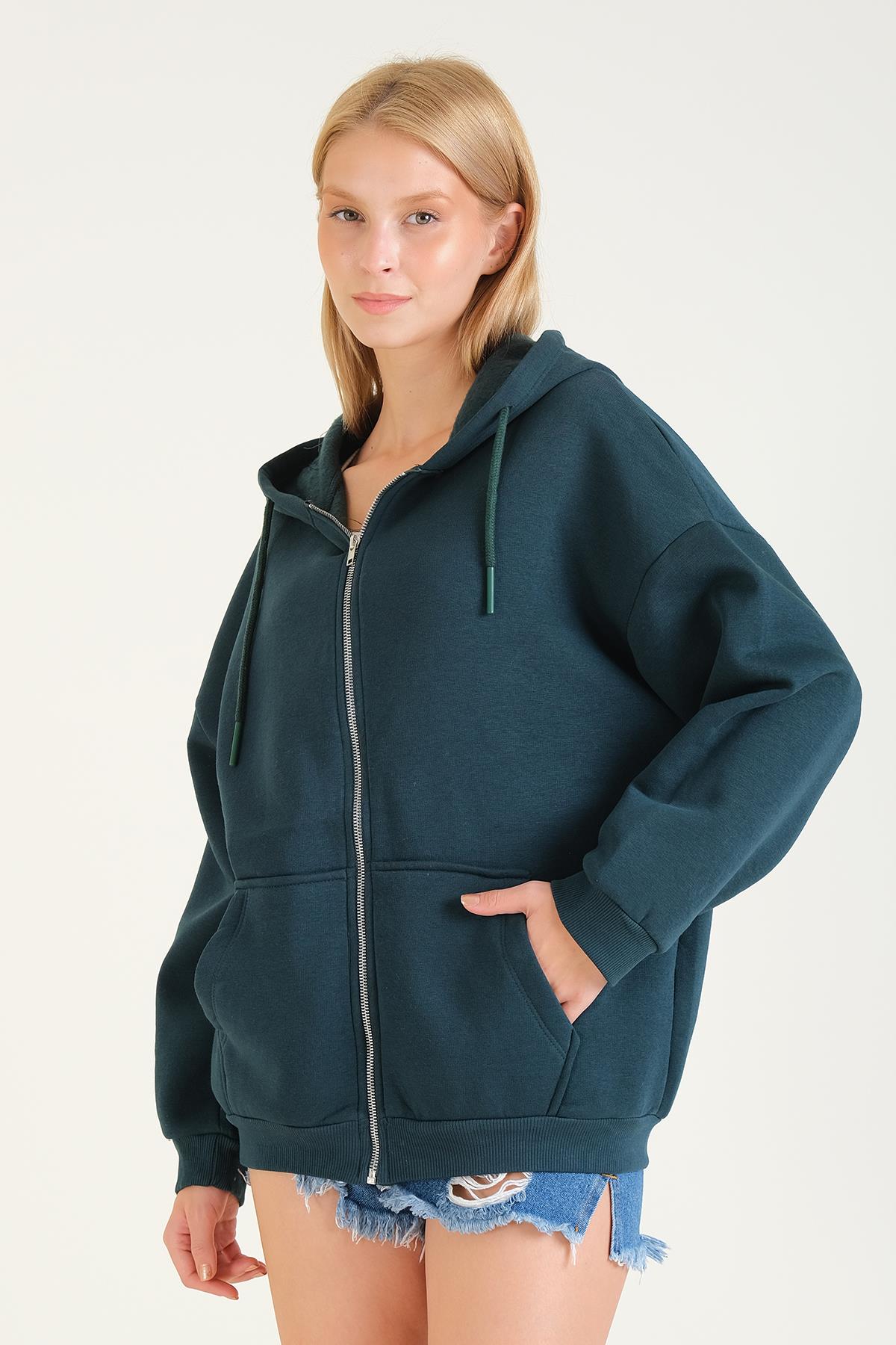 Kadın 3 İp Şardonlu Kapüşonlu Fermuarlı Oversize Sweatshirt Yeşil