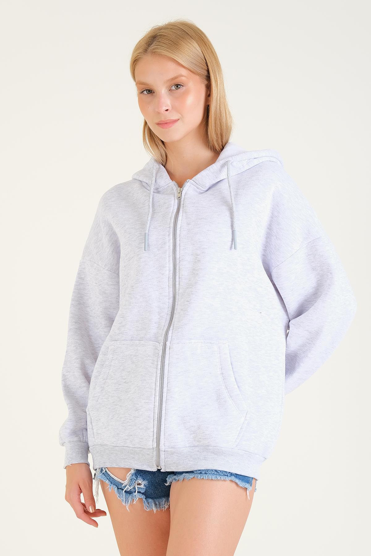 Kadın 3 İp Şardonlu Kapüşonlu Fermuarlı Oversize Sweatshirt Gri