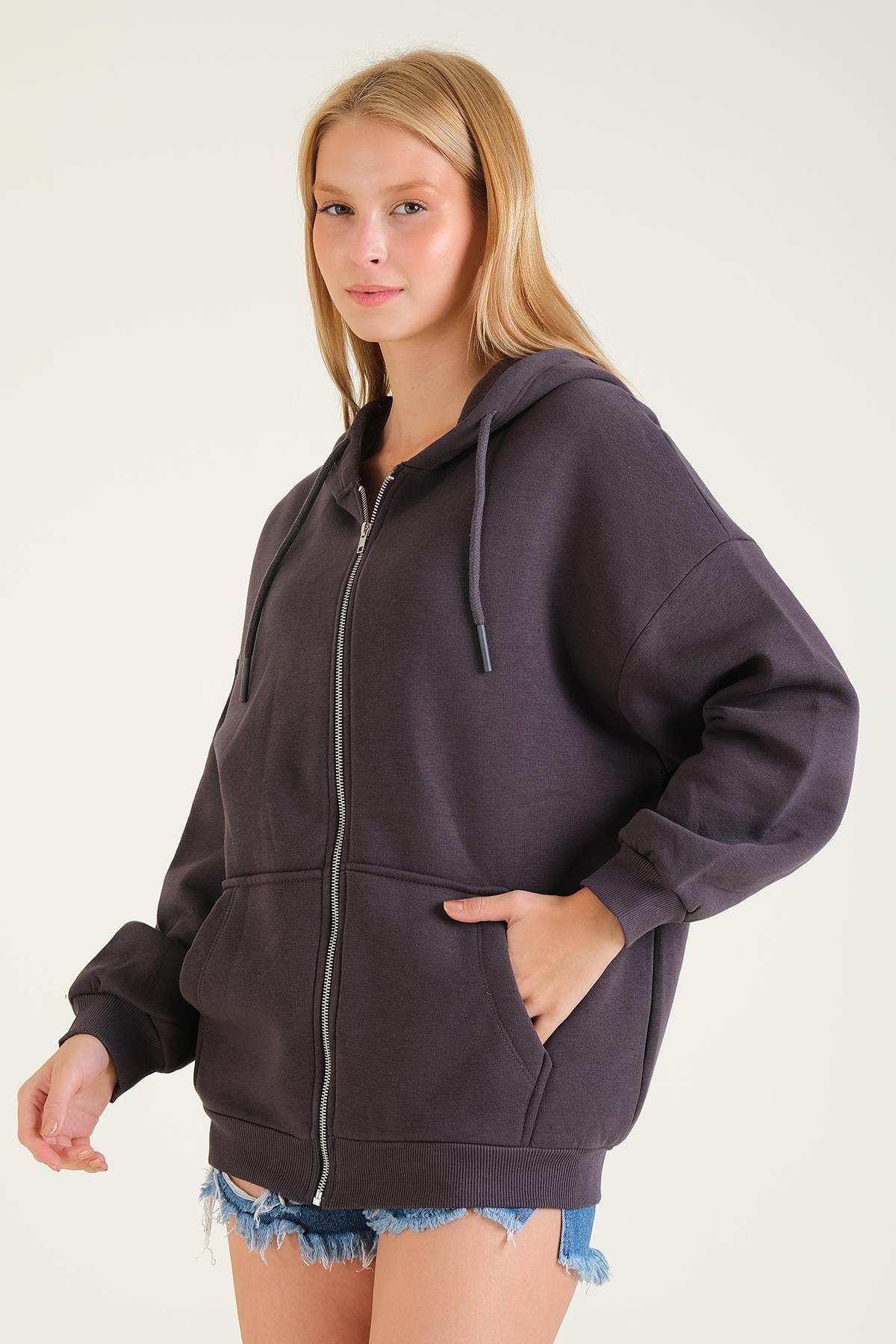 Kadın 3 İp Şardonlu Kapüşonlu Fermuarlı Oversize Sweatshirt Füme