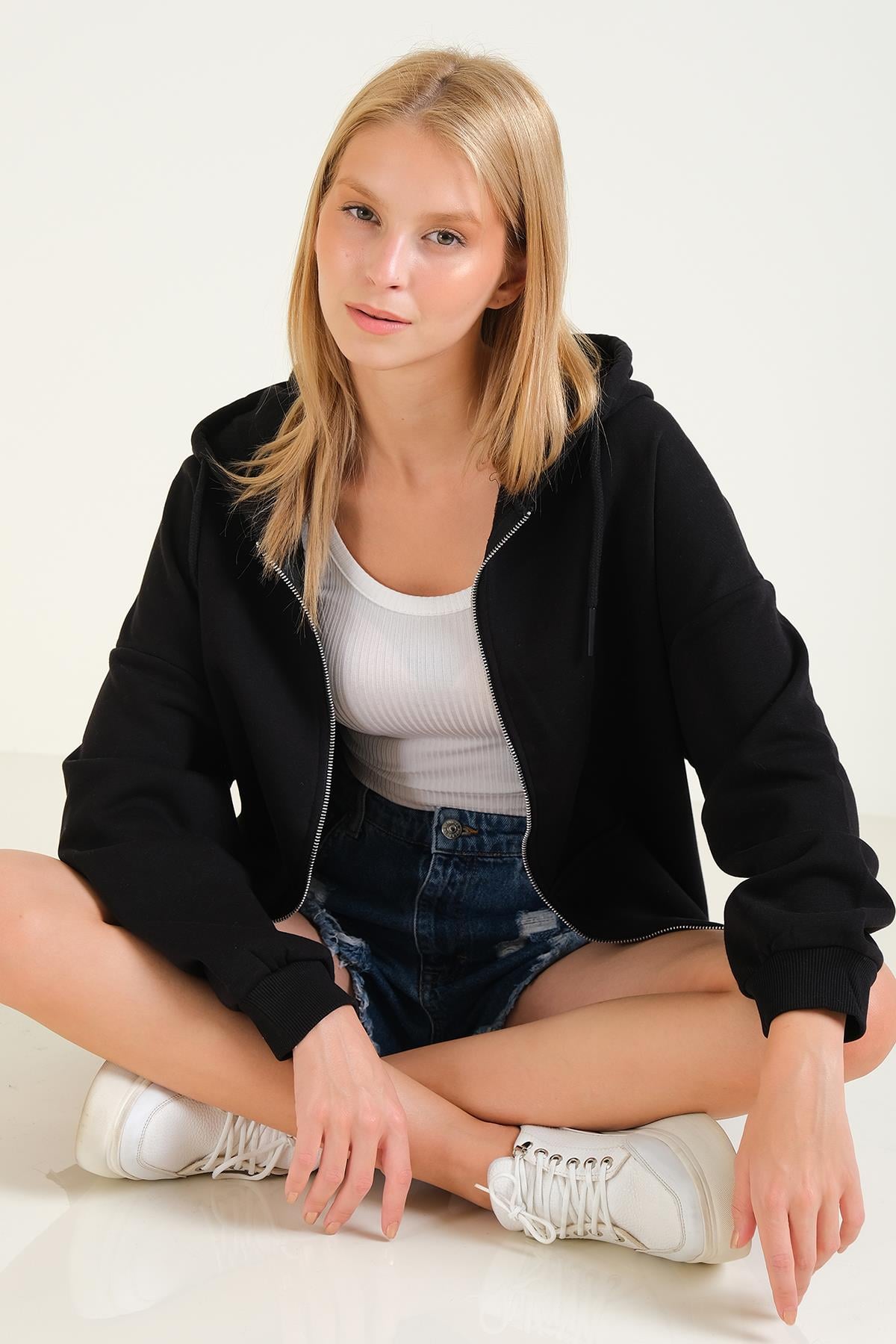 Kadın 3 İp Şardonlu Kapüşonlu Fermuarlı Oversize Sweatshirt Siyah