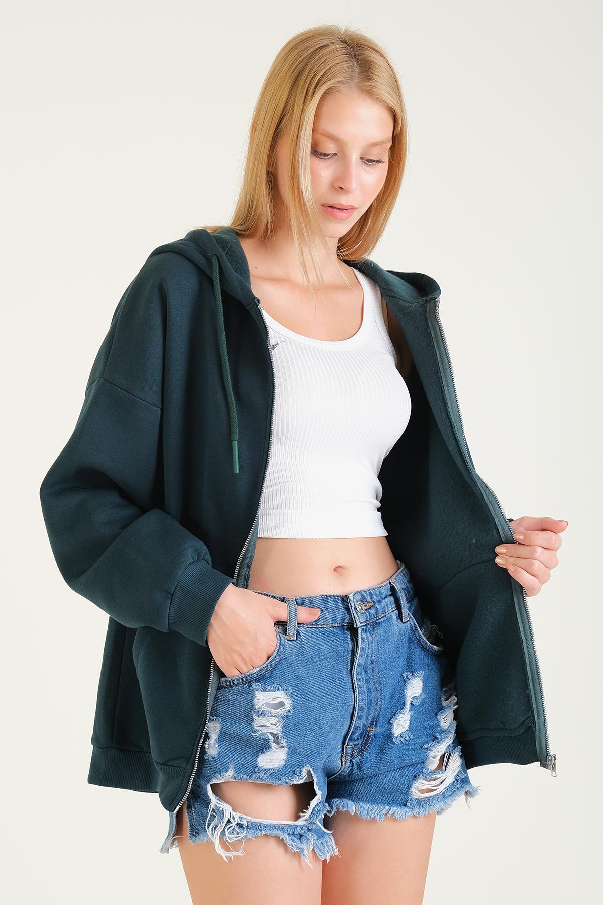Kadın 3 İp Şardonlu Kapüşonlu Fermuarlı Oversize Sweatshirt Yeşil