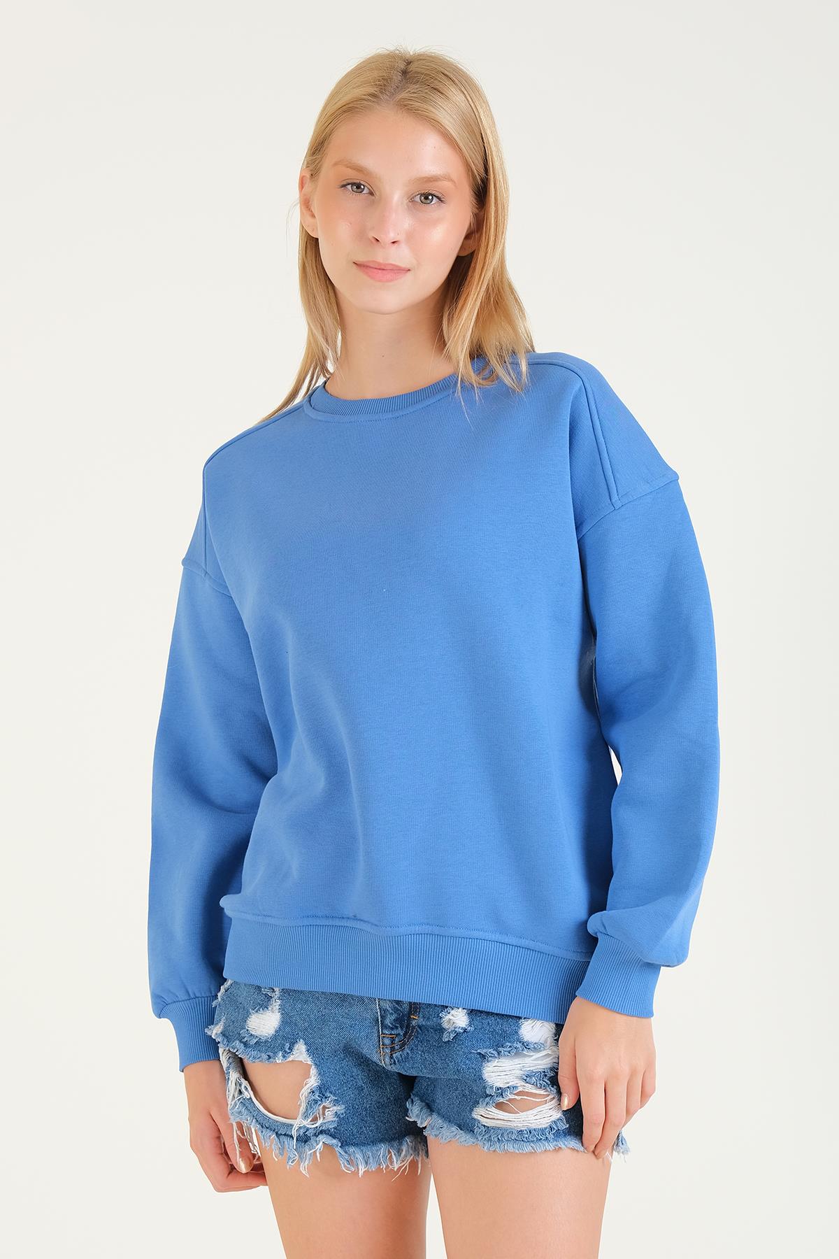 Kadın 3 İp Şardonlu Sıfır Yaka Oversize Sweatshirt Mavi