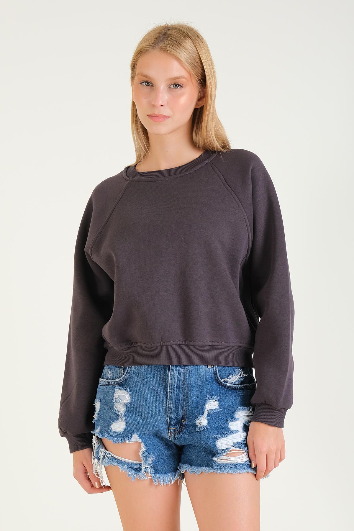 Kadın 3 İp Şardonlu Sıfır Yaka Oversize Sweatshirt Füme