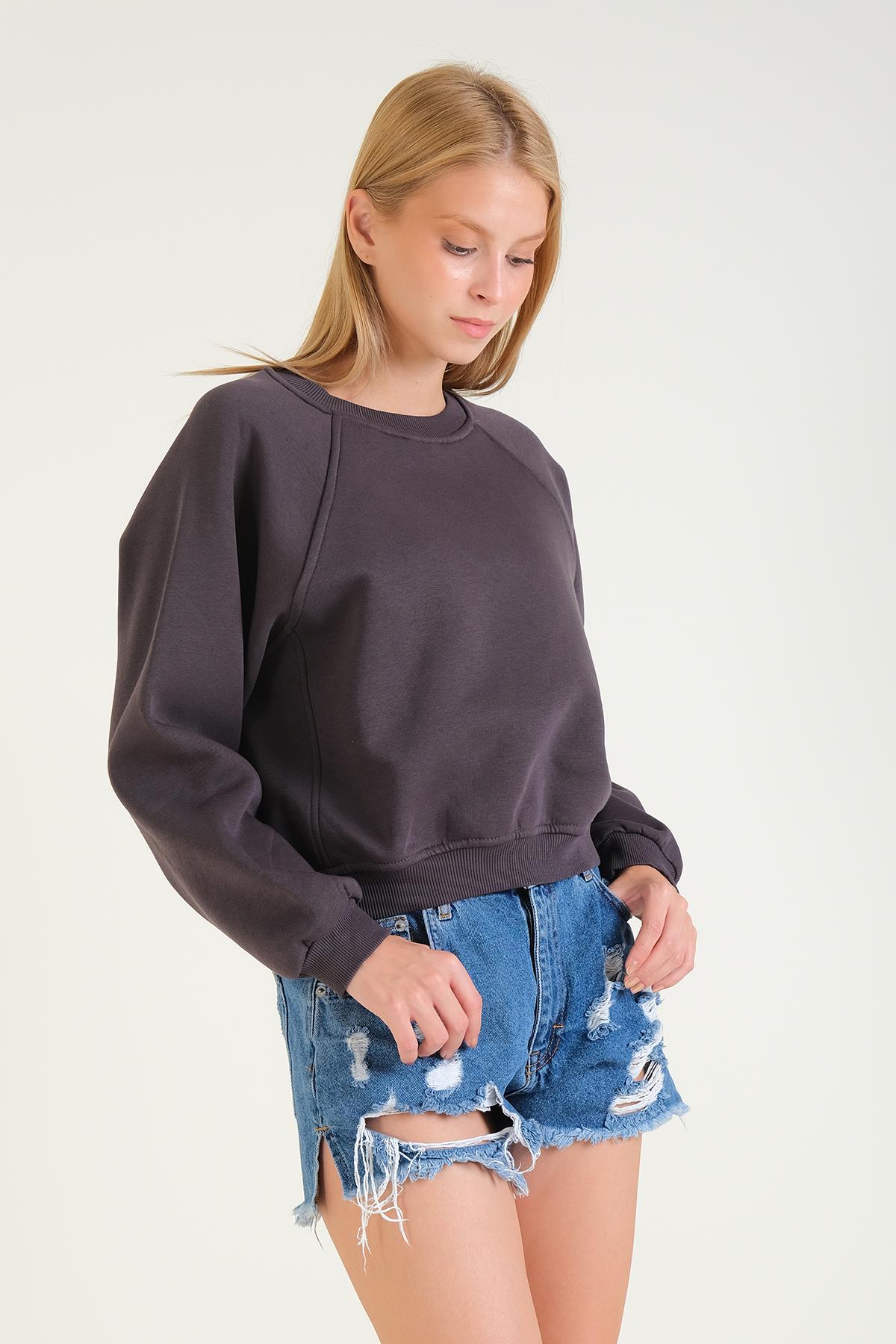 Kadın 3 İp Şardonlu Sıfır Yaka Oversize Sweatshirt Füme