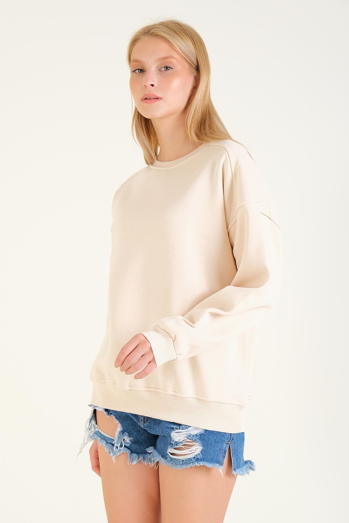 Kadın 3 İp Şardonlu Sıfır Yaka Oversize Sweatshirt Taş