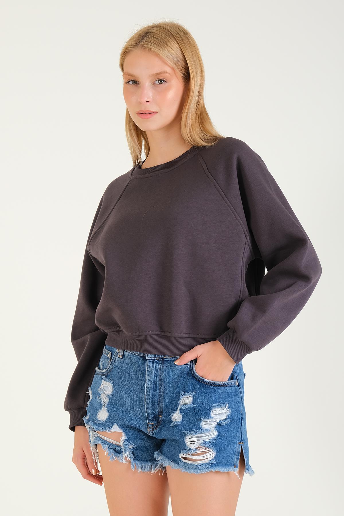 Kadın 3 İp Şardonlu Sıfır Yaka Oversize Sweatshirt Füme