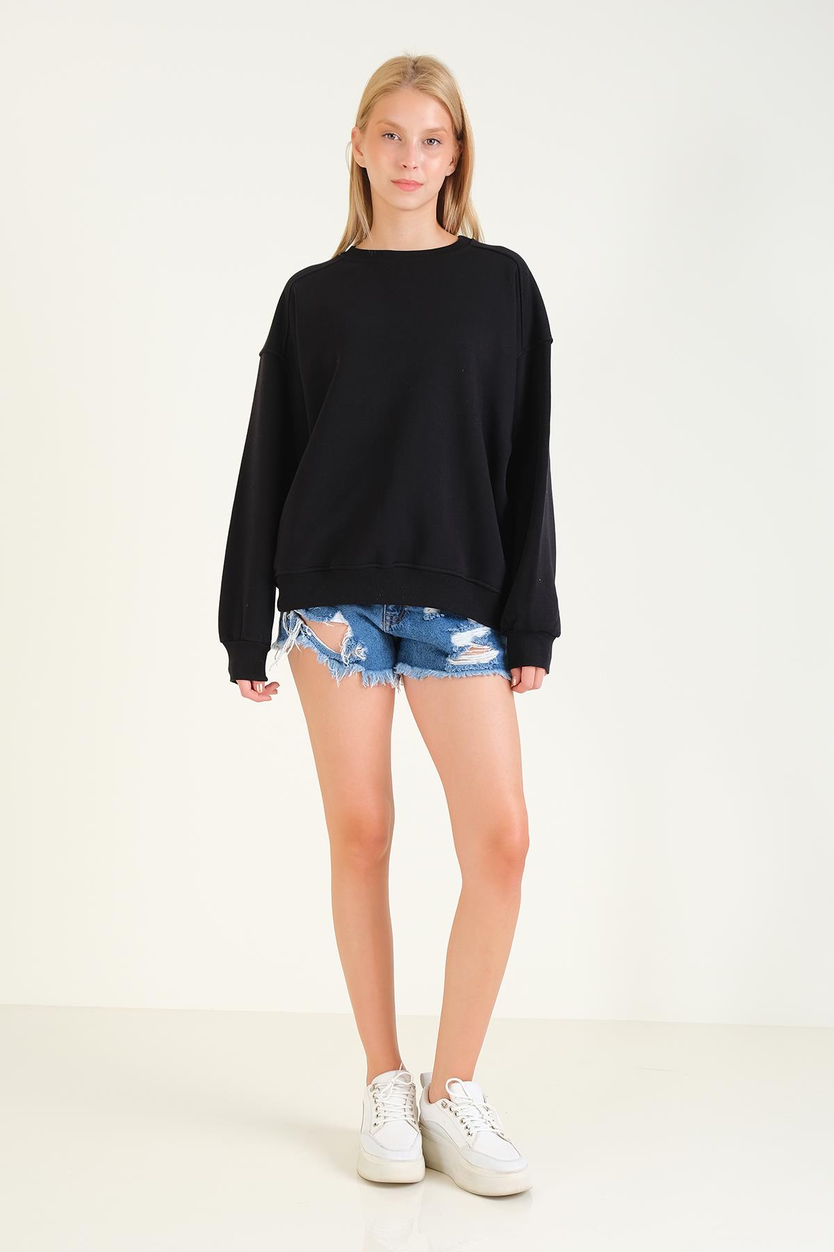 Kadın 3 İp Şardonlu Sıfır Yaka Oversize Sweatshirt Siyah
