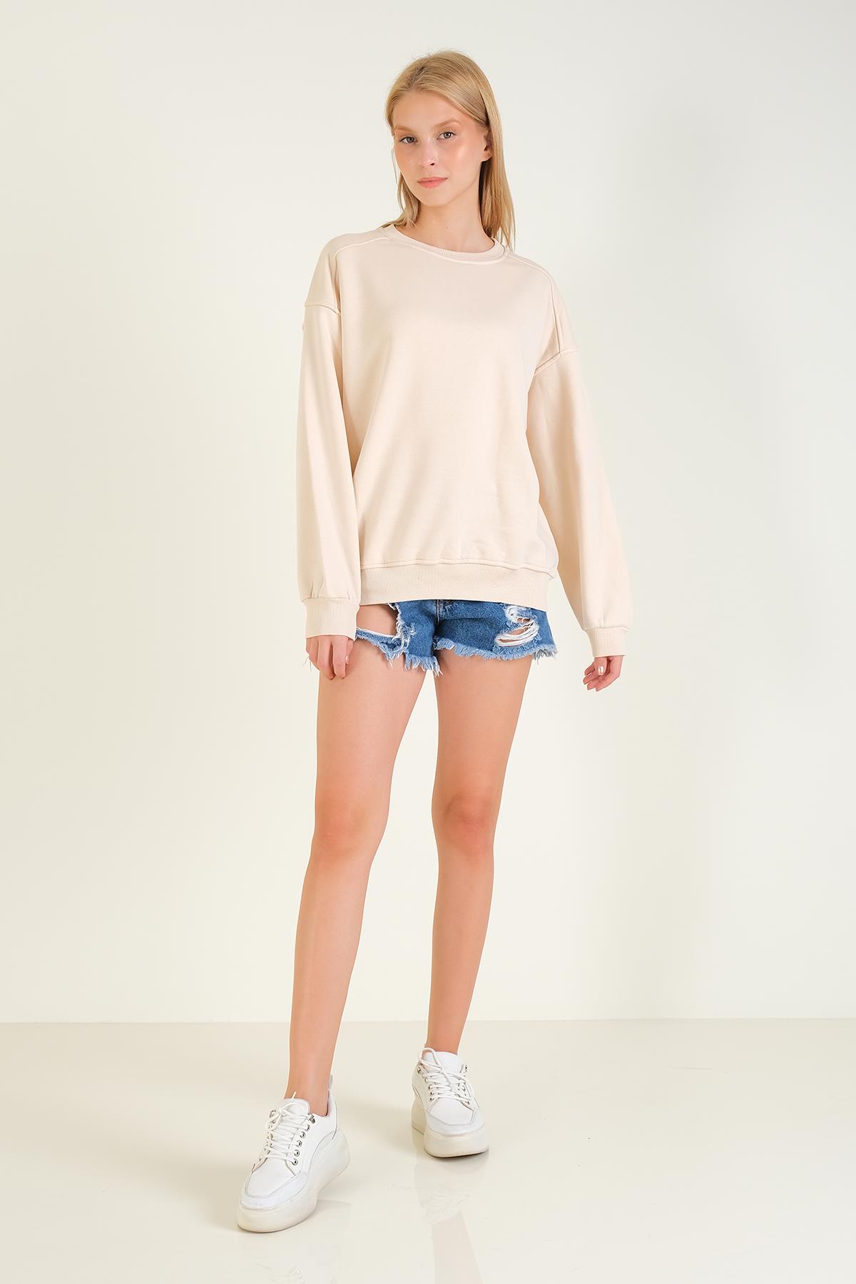 Kadın 3 İp Şardonlu Sıfır Yaka Oversize Sweatshirt Taş