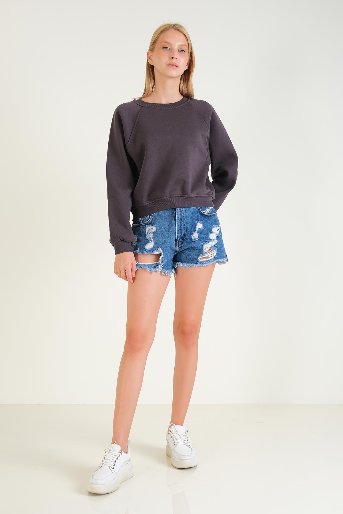 Kadın 3 İp Şardonlu Sıfır Yaka Oversize Sweatshirt Füme