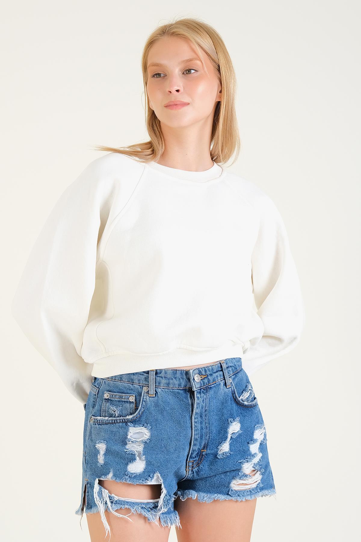 Kadın 3 İp Şardonlu Sıfır Yaka Oversize Sweatshirt Ekru