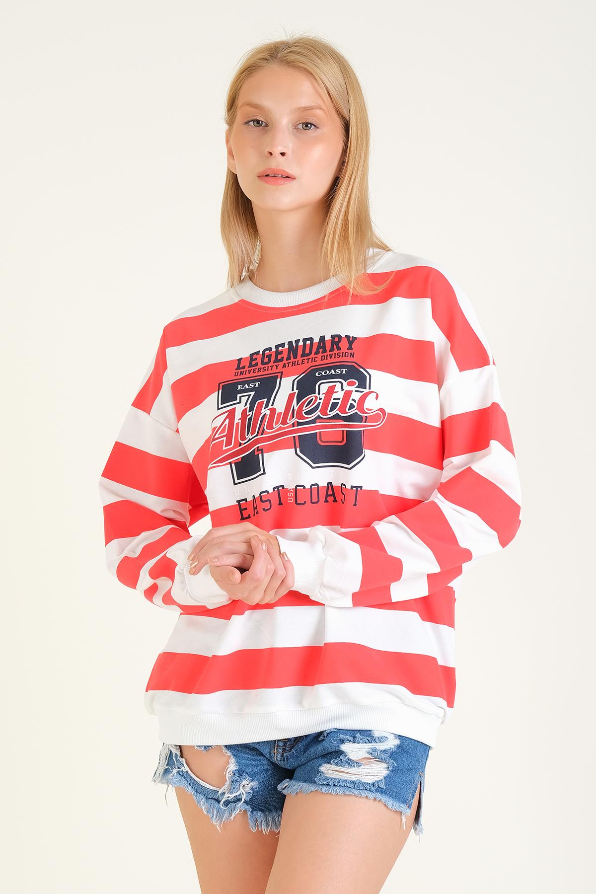 Kadın Baskılı Çizgili Oversize Sweatshirt Kırmızı