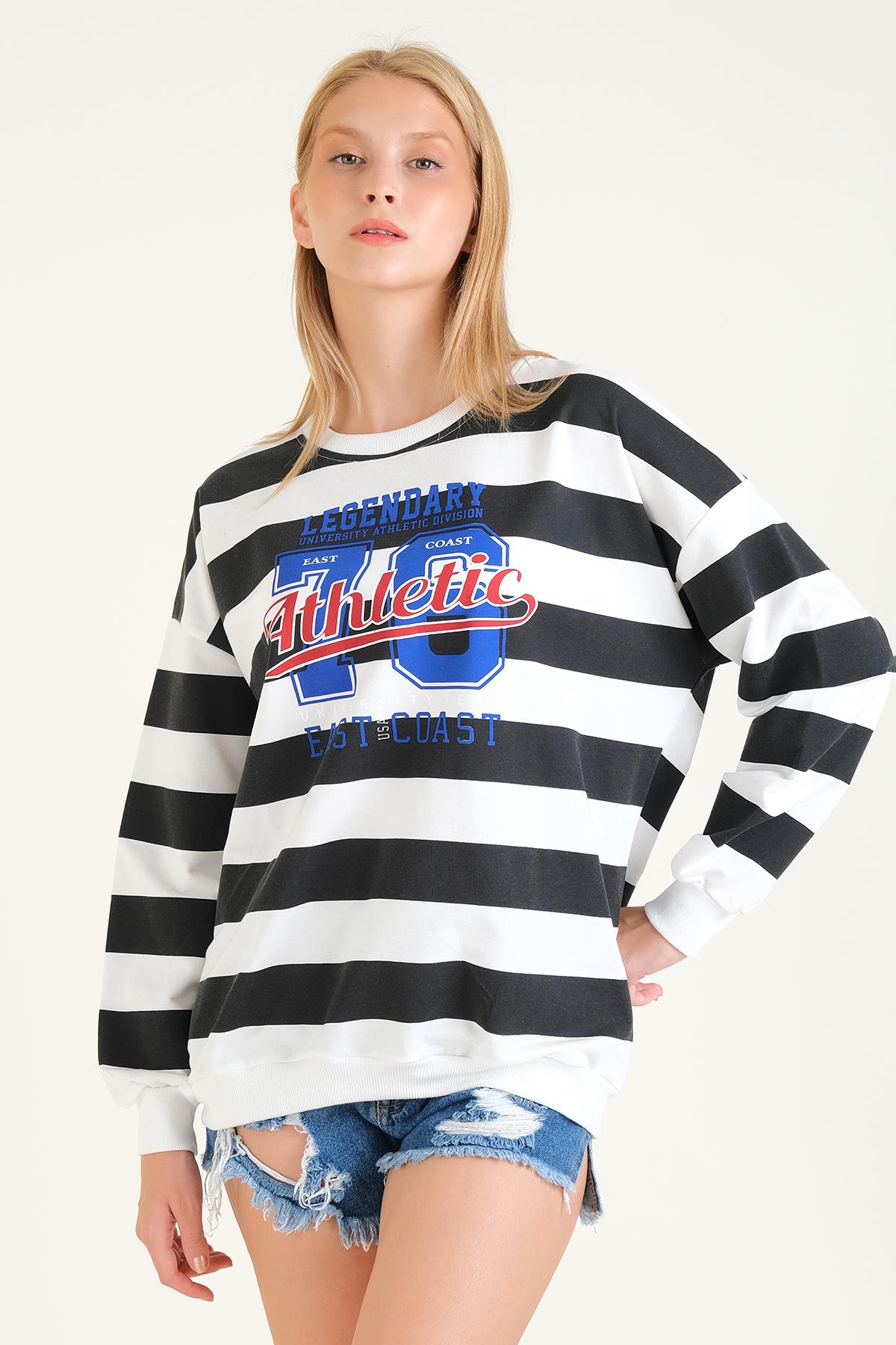 Kadın Baskılı Çizgili Oversize Sweatshirt Siyah
