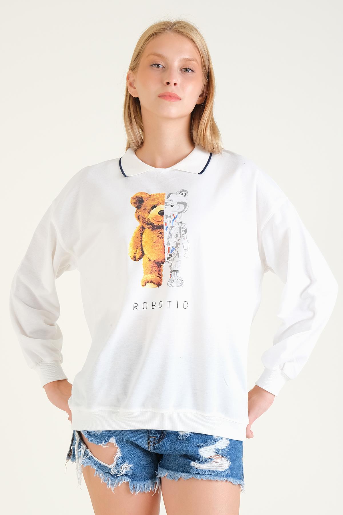 Kadın Baskılı Polo Yaka Sweatshirt Beyaz