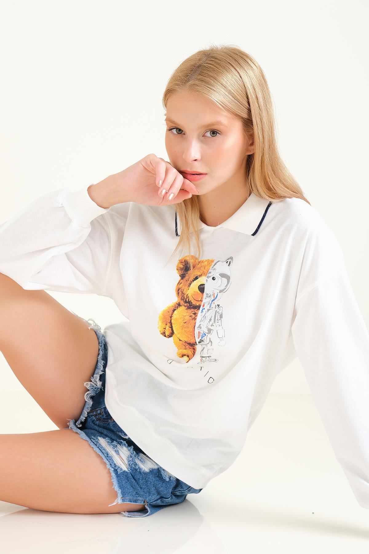 Kadın Baskılı Polo Yaka Sweatshirt Beyaz
