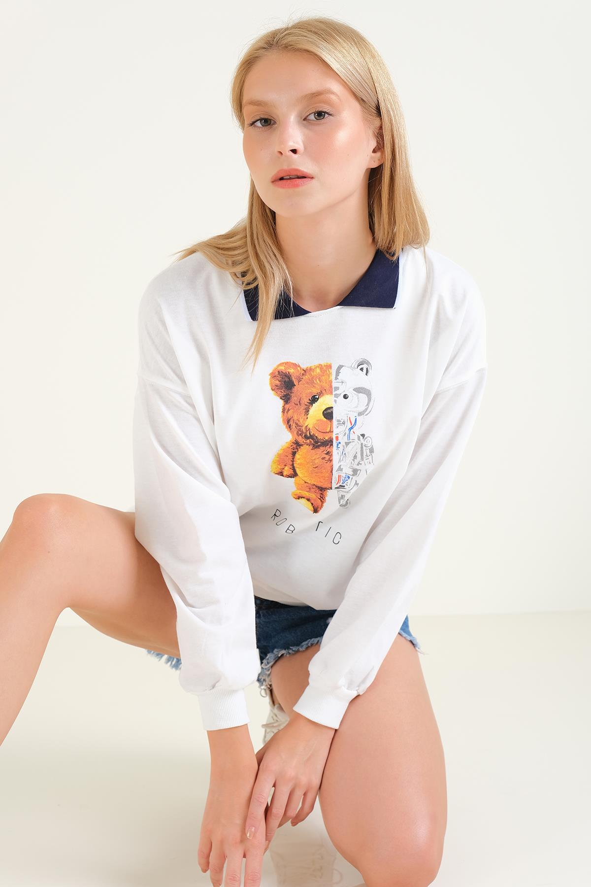 Kadın Baskılı Polo Yaka Sweatshirt Lacivert